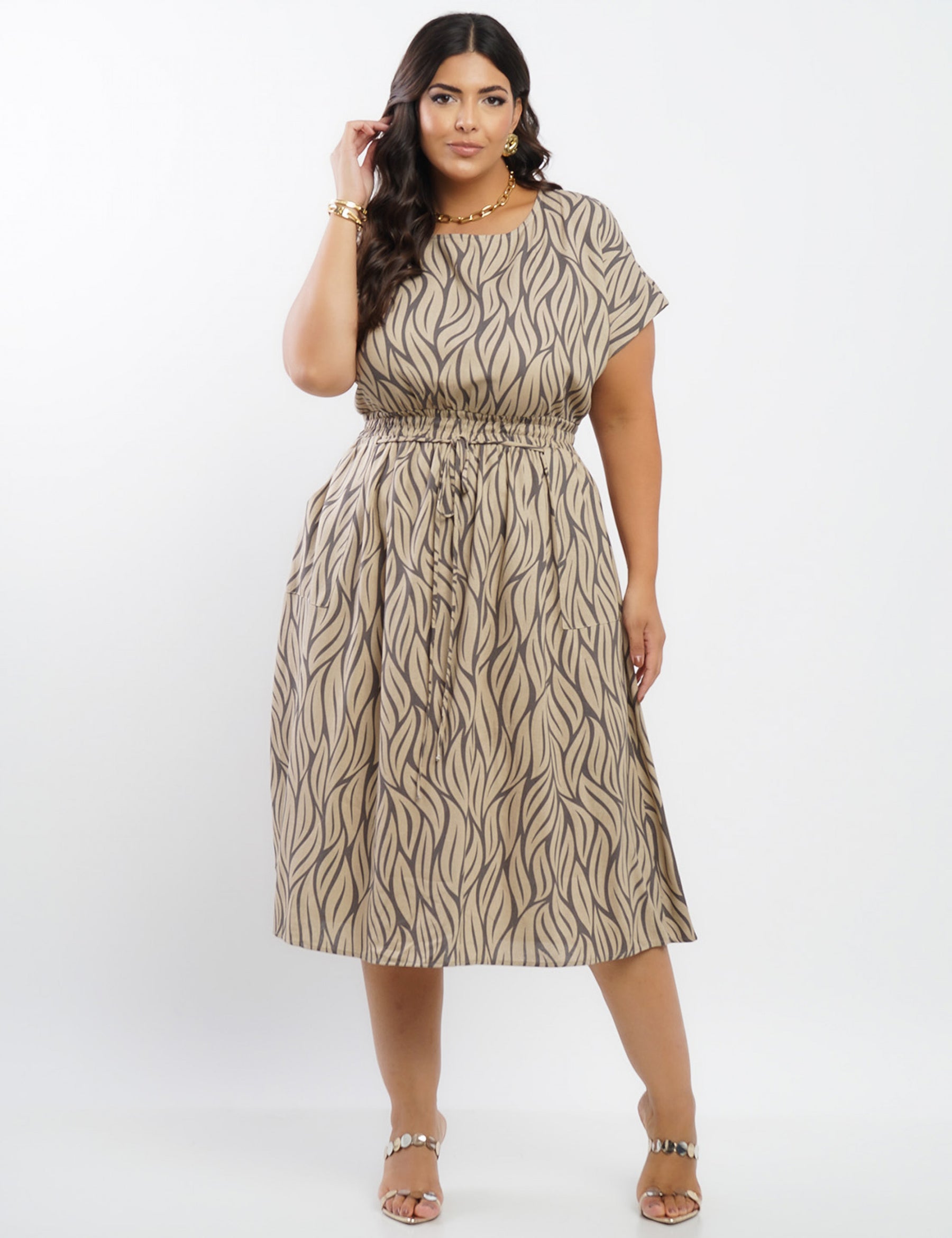 Vestido Midi Linho Misto Estampado Folhas