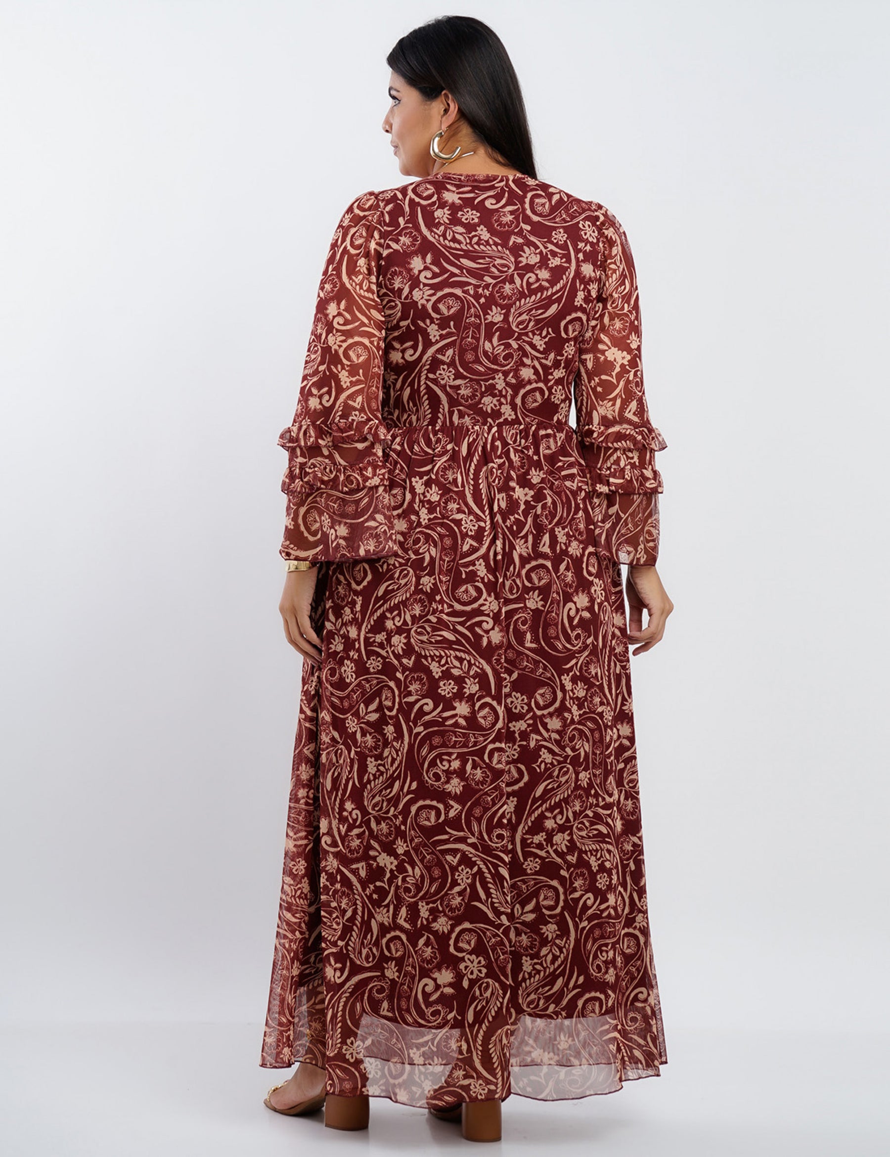 Vestido Longo Tule Com Babado Manga