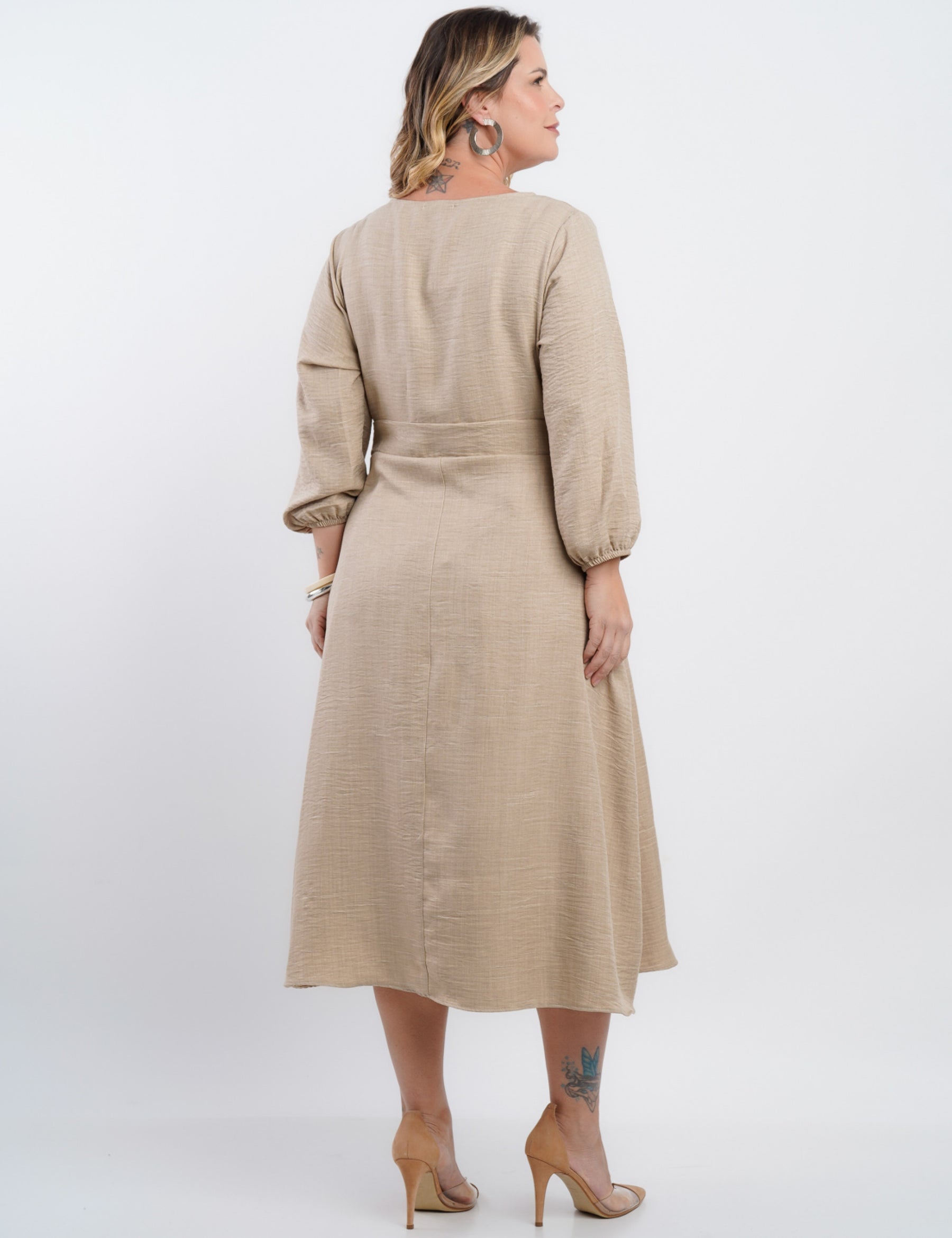 Vestido Midi Linho Poliéster Com Cintura Argola
