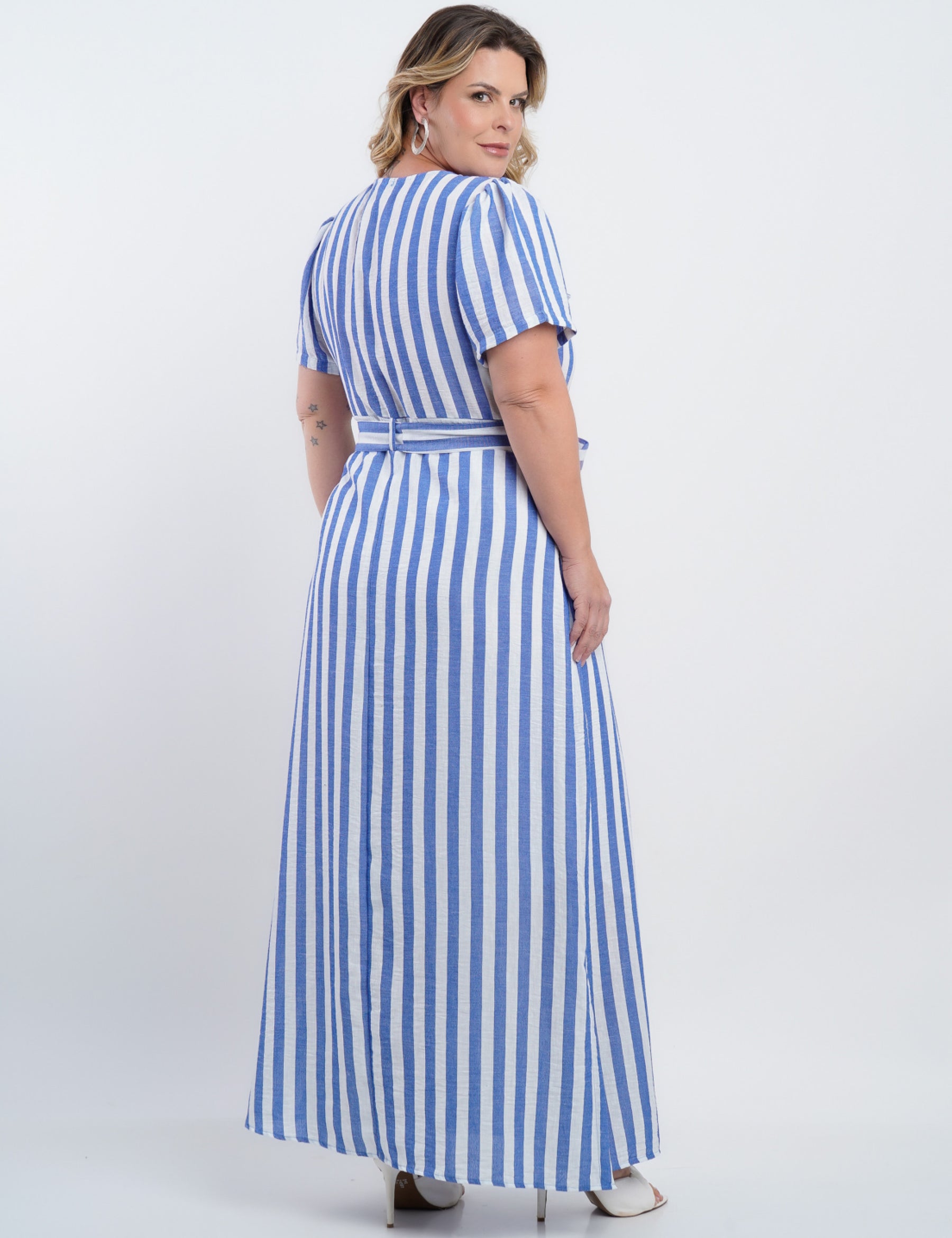 Vestido Longo Limen Listrado Com Zíper Frente