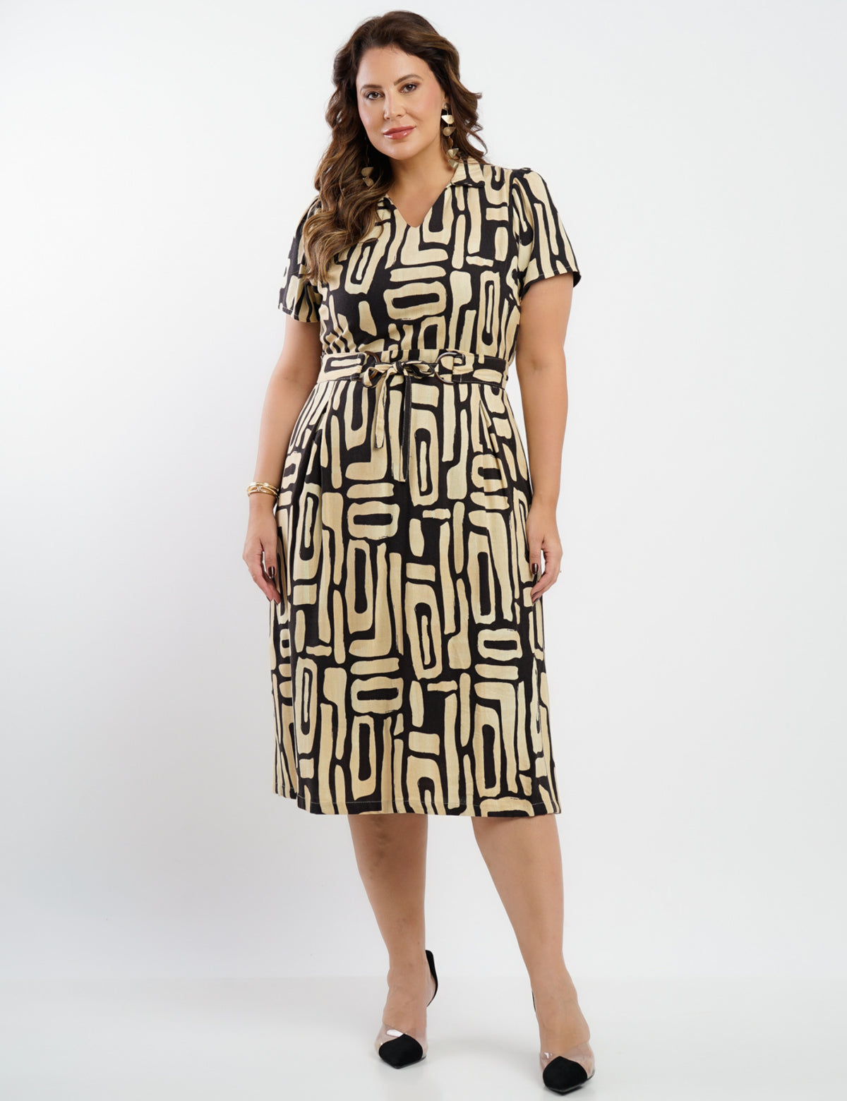 Vestido Midi Linho Misto Estampado
