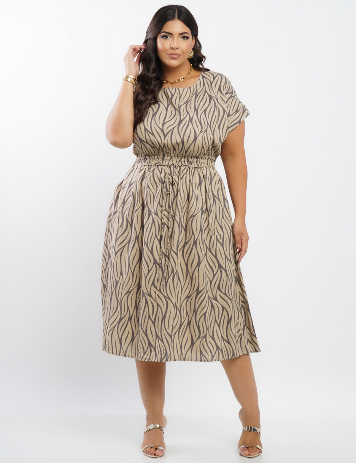 Vestido Midi Linho Misto Estampado Folhas