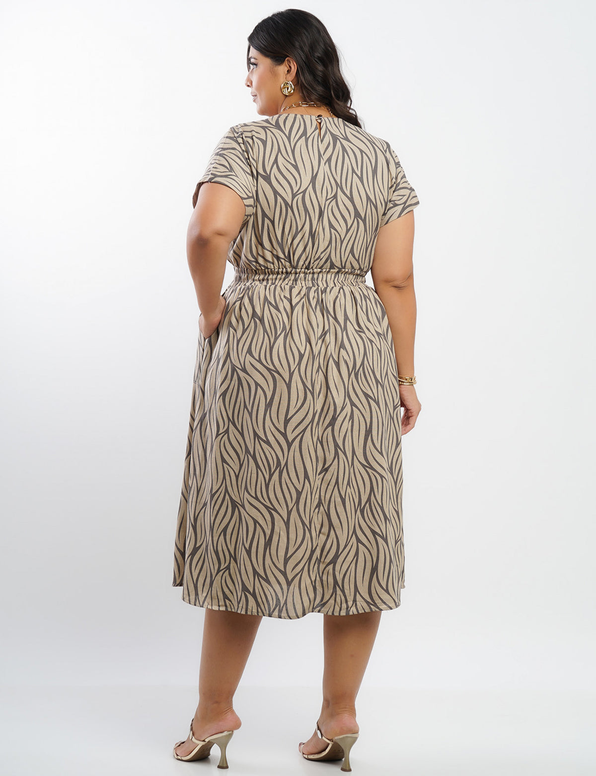 Vestido Midi Linho Misto Estampado Folhas