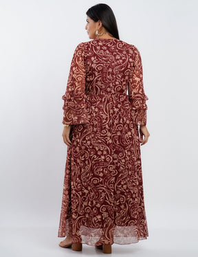 Vestido Longo Tule Com Babado Manga