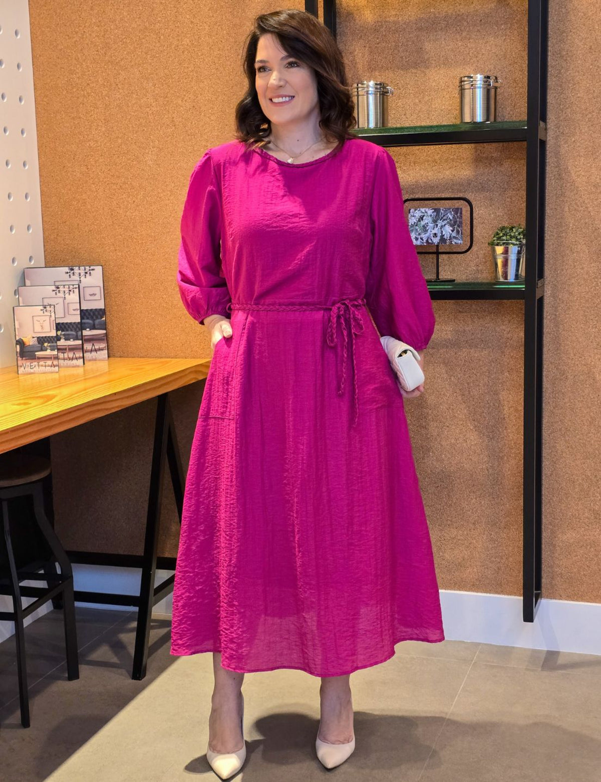Vestido Midi Linho Misto Com Detalhe Trança