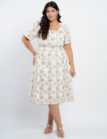 Vestido Curto Linho Misto Com Bordado