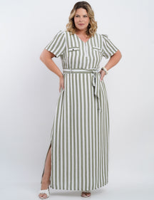 Vestido Longo Limen Listrado Com Zíper Frente