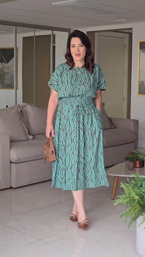 Vestido Midi Linho Misto Estampado Folhas