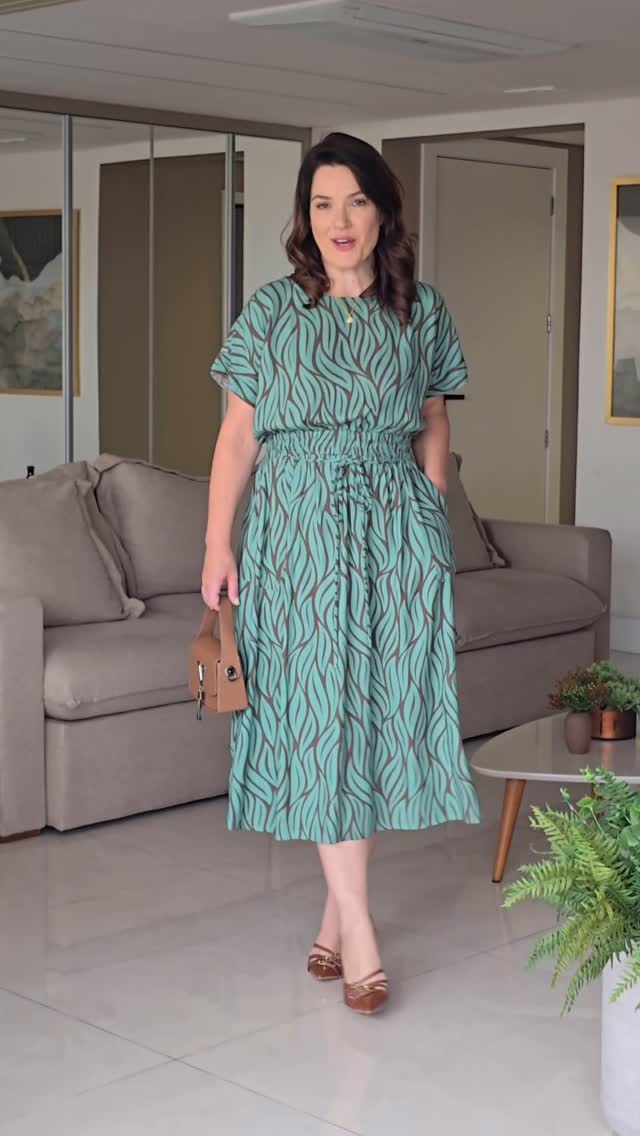 Vestido Midi Linho Misto Estampado Folhas